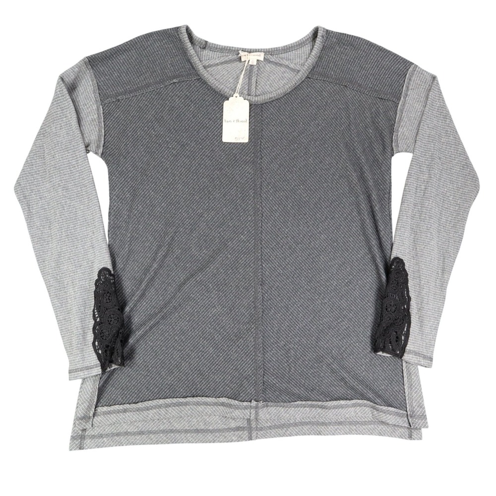 Hem & Thread Top Womens Large Gray Ribbed Lace Cuff Long Sleeve Tee New C797